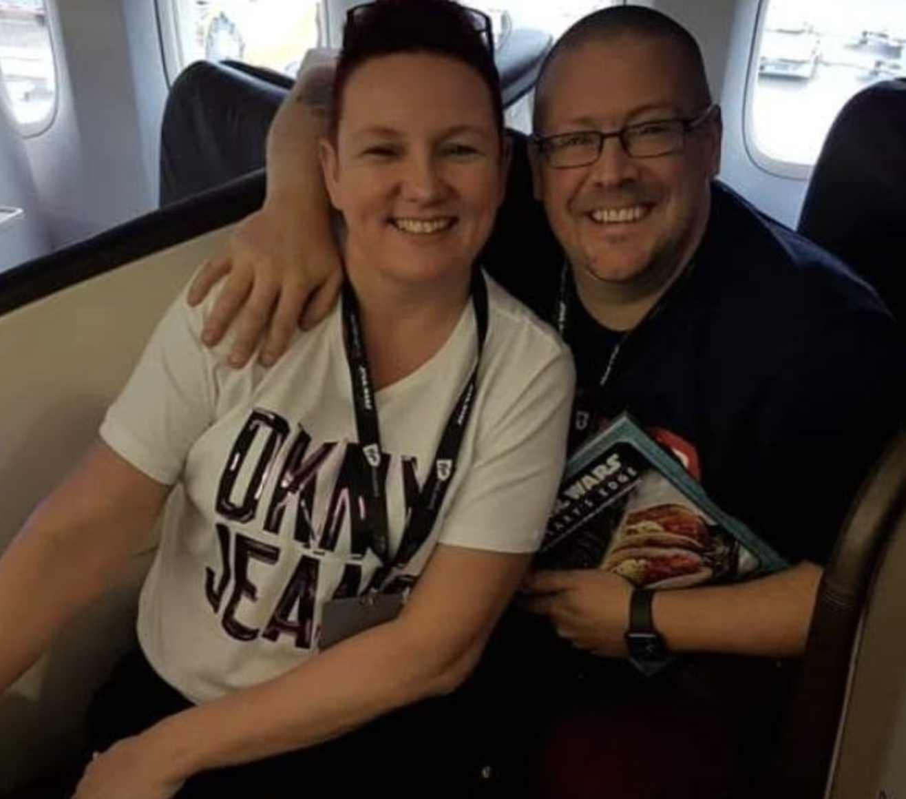 Justine and Phil together on a flight